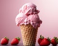strawberries and ice cream in a waffle cone on a pink background Royalty Free Stock Photo