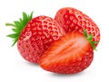 Strawberries isolated. Ripe sweet strawberries and half a berry on a white. Royalty Free Stock Photo