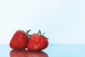 Strawberries isolated. Strawberry with leaf isolate. Two whole strawberries on white and blue. Side view Royalty Free Stock Photo