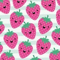 Strawberries kawaii fruits pattern set on decorative lines color background