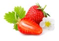 Strawberries with leaves and blossom isolated on a white Royalty Free Stock Photo