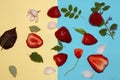 strawberries, leaves, flowers, flower head and petal on a yellow-blue background, creative summer concept Royalty Free Stock Photo
