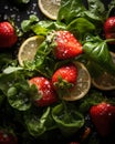 strawberries lemon and spinach on a black background Royalty Free Stock Photo