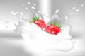 Strawberries with milk or yogurt. Splashes milk/yogurt on light grey background. Vector illustration