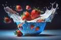 Strawberries, muesli, raspberries flying into a blue bowl with milk. Splashes of milk. Generative AI