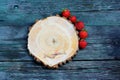 Strawberries on a old wooden background. wood slice. flat lay, top view, copy space