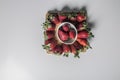 Strawberries over natural wooden background. Top view, copy space Royalty Free Stock Photo