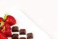 Strawberries and pieces of chocolate in white dish isolated on white background. Close up view. Royalty Free Stock Photo