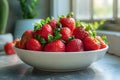 Strawberries piled high in a white bowl, delicious sweet and sour, fresh strawberries, advertising, Generative AI