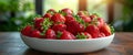 Strawberries piled high in a white bowl, delicious sweet and sour, fresh strawberries, advertising, Generative AI