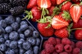 Strawberries, raspberries, blueberries, blackberries on a separate dish close-up on a solid concrete background. Healthy eating Royalty Free Stock Photo
