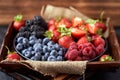 Strawberries, raspberries, blueberries, blackberries on a separate dish close-up on a solid concrete background. Healthy eating Royalty Free Stock Photo