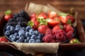 Strawberries, raspberries, blueberries, blackberries on a separate dish close-up on a solid concrete background. Healthy eating Royalty Free Stock Photo