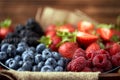 Strawberries, raspberries, blueberries, blackberries on a separate dish close-up on a solid concrete background. Healthy eating Royalty Free Stock Photo