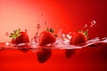 strawberries on red background splashing in water generative AI Royalty Free Stock Photo