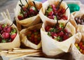 Strawberries in sacks on a buffet, festive serve Royalty Free Stock Photo