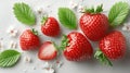 Strawberries scattered with leaf tops facing up, high-resolution macro focus over white clean surface Royalty Free Stock Photo