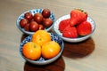 After-dinner fruits arranged on three porcelain plates..