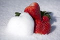 Strawberries and Snow Hearts Shape on White Snow Background