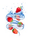 Strawberries with splashes of water in a swirling shape on white Royalty Free Stock Photo