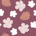 Strawberries and spotted flowers seamless pattern in 1970s style. Hippie aesthetic print for fabric, paper, T-shirt. Groovy grid Royalty Free Stock Photo