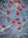 Strawberries in water splash on blue