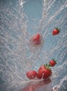 Strawberries in water splash on blue background.