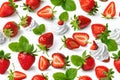 Strawberries with whipped cream composition. White background. Fruits on white Royalty Free Stock Photo