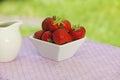 Strawberries in a white angled bowl