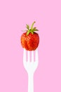 Strawberries on a white plastic fork on a pink background