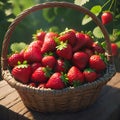 Strawberries in wicker basket in garden on sunny day closeup photo. Fresh ripe juicy red berries with green leaves. Grow concept. Royalty Free Stock Photo