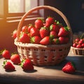 Strawberries in wicker basket on wooden table on sunny day closeup photo. Fresh ripe juicy red berries with green leaves. Grow Royalty Free Stock Photo