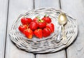 Strawberries on wicker grey tray Royalty Free Stock Photo