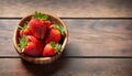 Strawberries in a wooden bowl on a wooden background. AI Generated Royalty Free Stock Photo