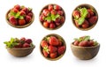 Strawberries on wooden bowl. Set of strawberries isolated on white cut out. Collection of whole strawberries on white