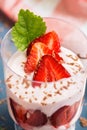 Strawberries with yogurt in a glass close-up. Easy diet dessert. Selective focus Royalty Free Stock Photo