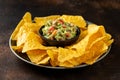 Strawberry and avocado guacamole, salsa with crispy tortilla chips. Healthy food Royalty Free Stock Photo