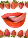 strawberry Background Closeup red lips with tongue hanging out Royalty Free Stock Photo