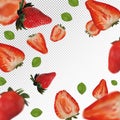 Strawberry background. Flying strawberry with green leaf on transparent background. 3D realistic fruits. Falling