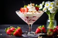 strawberry banana dessert martini glass full pieces fresh banana strawberries cream organic y Royalty Free Stock Photo