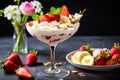 strawberry banana dessert martini glass full pieces fresh banana strawberries cream organic y Royalty Free Stock Photo