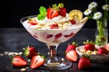 strawberry banana dessert martini glass full pieces fresh banana strawberries cream organic y Royalty Free Stock Photo