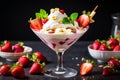 strawberry banana dessert martini glass full pieces fresh banana strawberries cream organic y Royalty Free Stock Photo