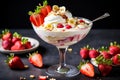 strawberry banana dessert martini glass full pieces fresh banana strawberries cream organic y Royalty Free Stock Photo