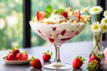 strawberry banana dessert martini glass full pieces fresh banana strawberries cream organic y Royalty Free Stock Photo