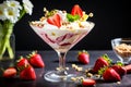 strawberry banana dessert martini glass full pieces fresh banana strawberries cream organic y Royalty Free Stock Photo