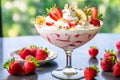 strawberry banana dessert martini glass full pieces fresh banana strawberries cream organic y Royalty Free Stock Photo