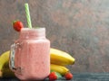 Strawberry banana smoothie in a glass jar. Healthy and healthy summer Breakfast Royalty Free Stock Photo