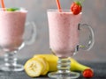 Strawberry banana smoothie in a glass jar. Healthy and healthy summer Breakfast Royalty Free Stock Photo