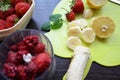 Strawberry and banana smoothie in the jar. Ingredients for making smoothies strawberry banana, frozen berries in a blender on a